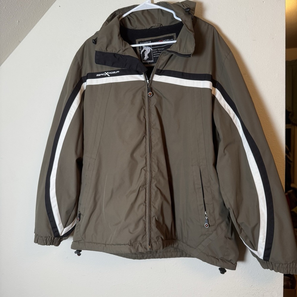 ZeroXposur Men's Winter Ski Jacket Green Black White Striped Hooded Size L